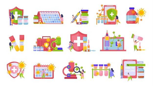 Vaccination flat isolated icon set with test tubes ampoules vaccine bottle calendar and other medical attributes vector illustration