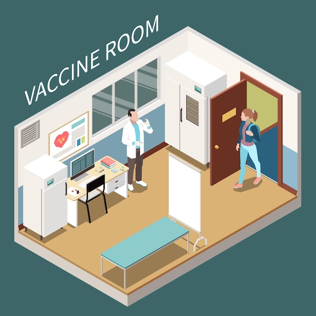 Vaccine room interior isometric composition with young woman who came to doctor for vaccination