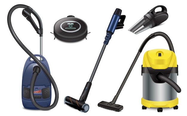 Free vector vacuum cleaner realistic set of isolated icons with views of handheld household devices and cleaning robots vector illustration