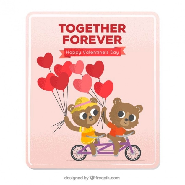 Free vector valentine card with teddy bears on a bicycle