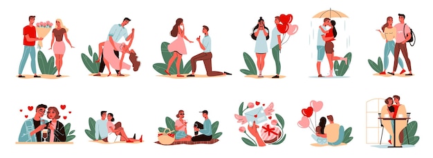 Valentine day love icon set of isolated human characters of couples with flowers balloons gifts vector illustration