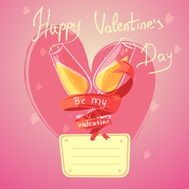 Free Vector valentine day retro cartoon with glasses of champagne and heart on background