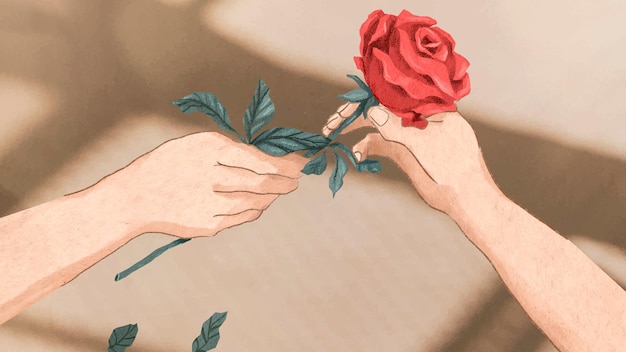 Free vector valentine’s couple exchanging rose vector hand drawn illustration