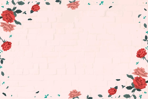 Valentine&rsquo;s red roses frame vector with pink brick wall background