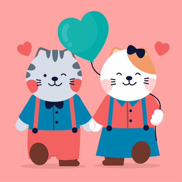 Free Vector valentine's celebration. two cats couple walking with a balloon in heart shape