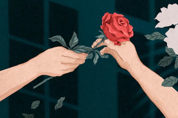 Free Vector valentine's couple exchanging rose  hand drawn illustration