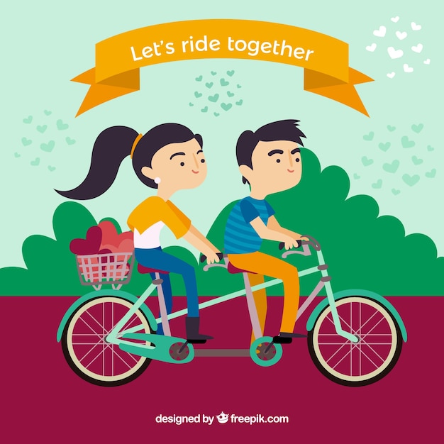 Valentine's day background with young couple riding a bike