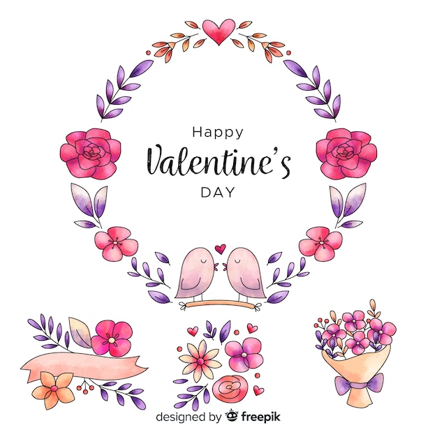 Free Vector valentine's day floral bouquet and wreath set