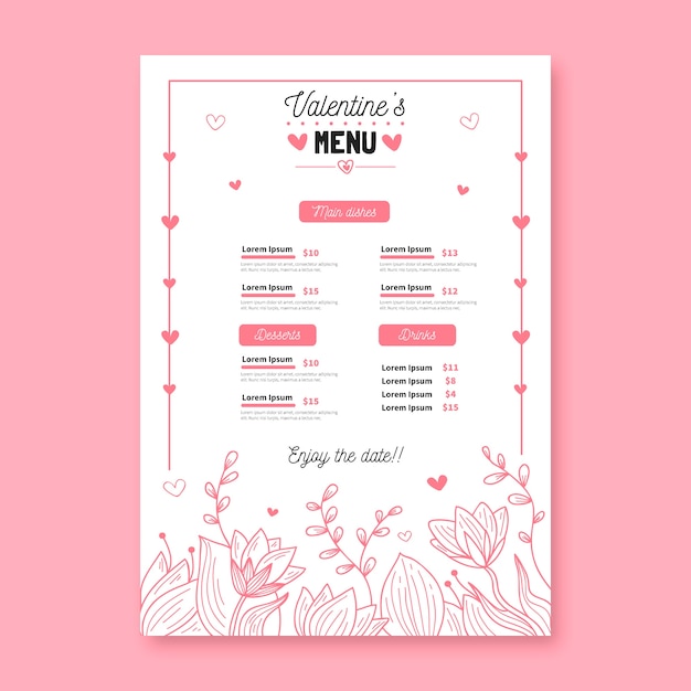 Valentine's day hand-drawn menu template