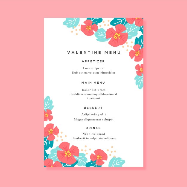 Valentine's day menu template in flat design