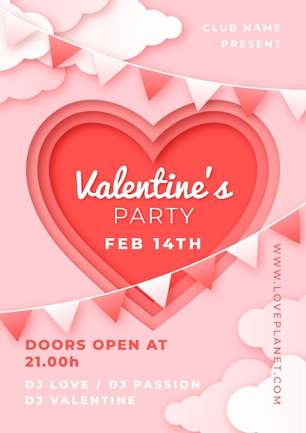 Valentine's day party flyer in paper style