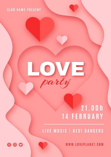 Valentine's day party flyer in paper style