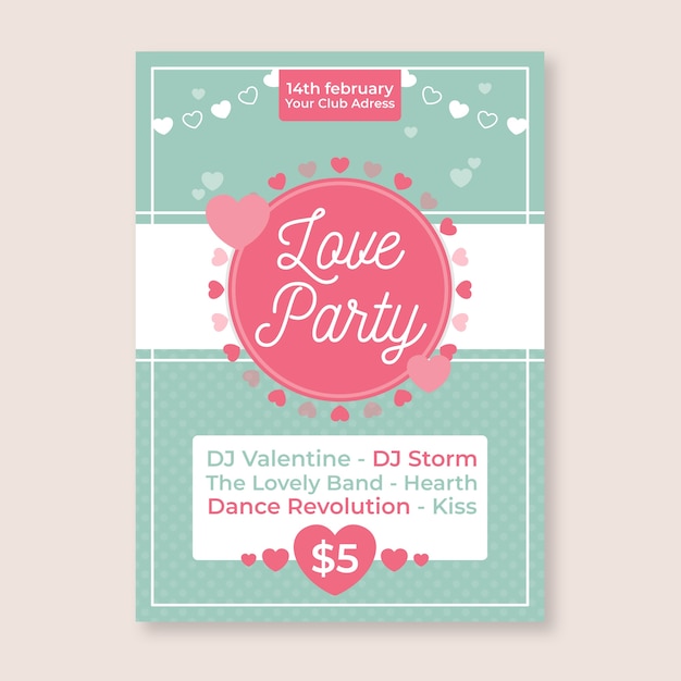 Valentine's day party poster template in flat design style