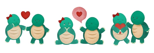 Valentine’s Day vector illustration Three cute couple turtles on white background with many hearts for graphic designer create artwork card brochure for various invitations or greetings