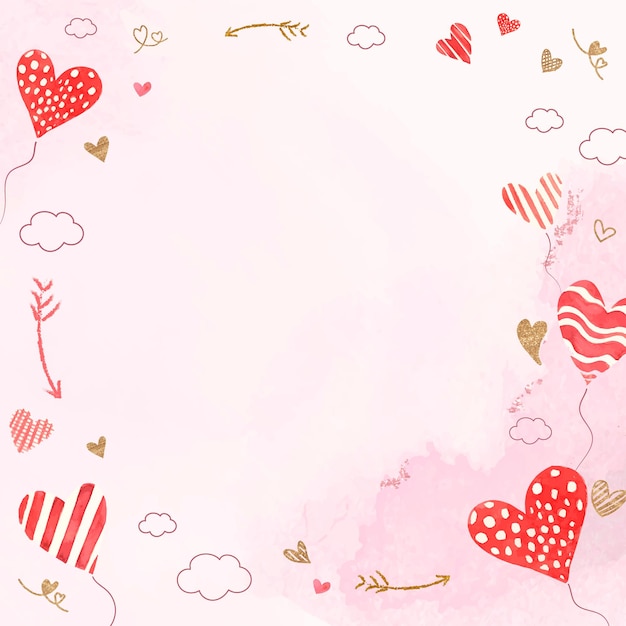 Free Vector valentine’s heart balloon frame vector pink watercolor background