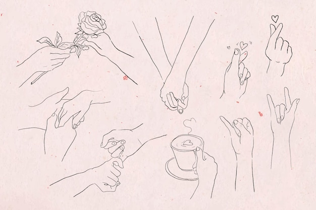 Free vector valentine's and love hand gestures  grayscale sketch set