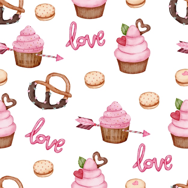 Valentine seamless pattern with heart, arrow, cupcakes and more.