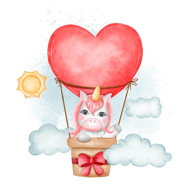 Free vector valentine unicorn flying with heartshaped balloons