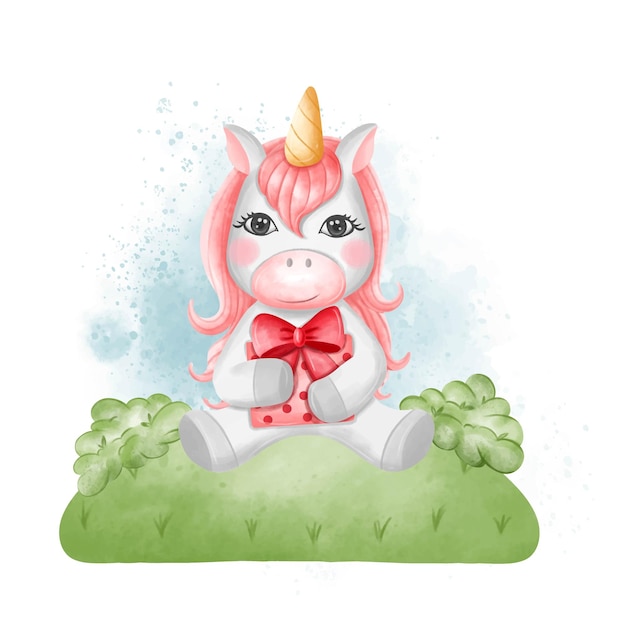 Free Vector a valentine unicorn holding a gift