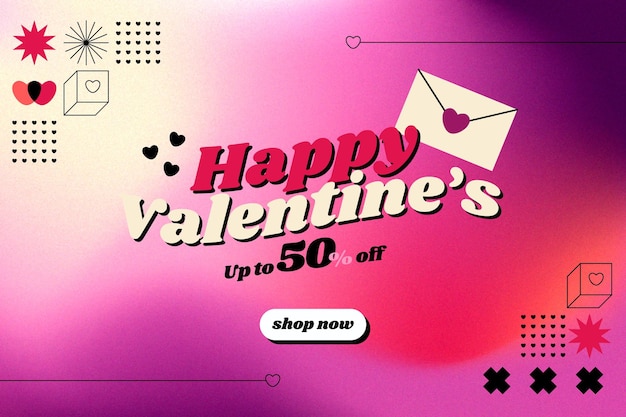 Valentines Day background with grainy gradient and flat elements