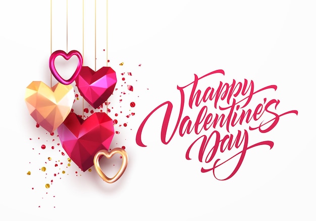 Valentines Day festive background with realistic metallic gold and red ruby low poly heart. Lettering Merry Valenetin day. Vector illustration EPS10