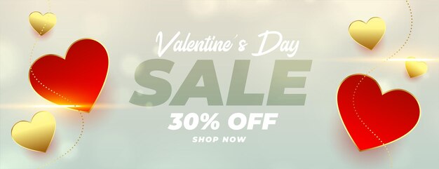 Valentines day sale banner with red and golden hearts