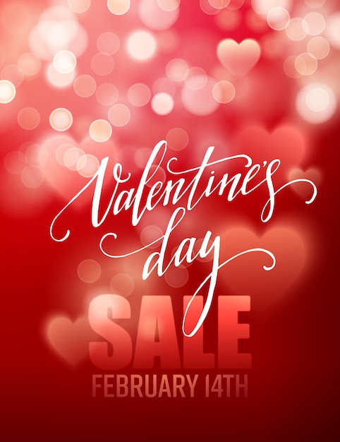 Valentines day sale, poster template on abstract background with hearts and bokeh circles. Vector illustration EPS10