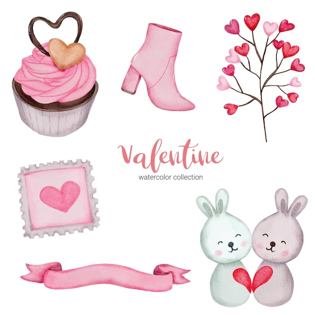 Valentines Day set elements cup cake, ribbon, pillow and more. Template for Sticker kit, Greeting, Congratulations, Invitations, Planners. Vector illustration