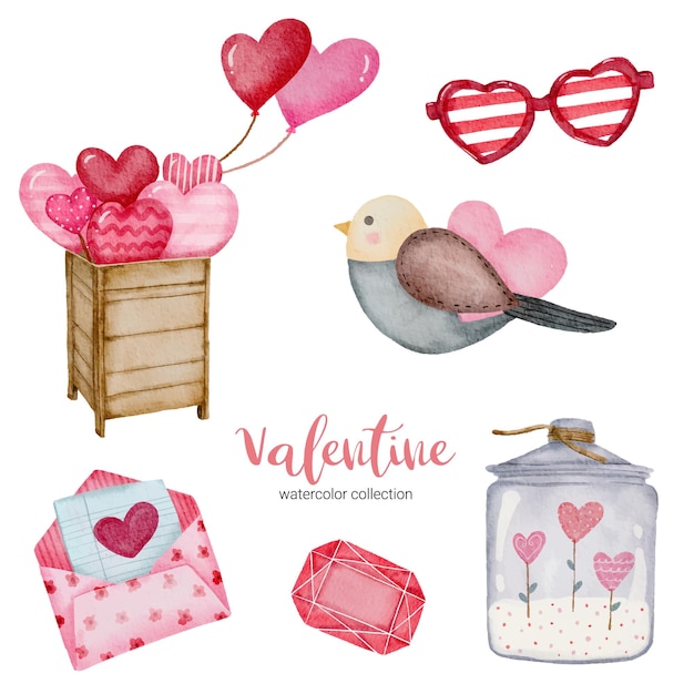 Valentines Day set elements envelope, bird; balloon, sunglass and more.