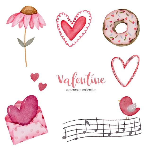 Valentines Day set elements envelope, sunflower, donut, gift and more.