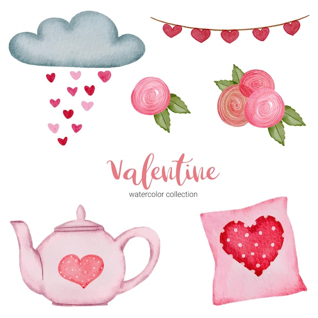 Valentines Day set elements pillow, cloud, rose and more.