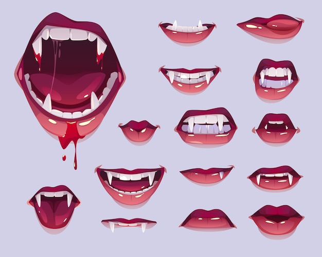 Free Vector vampire mouth with fangs set, female red lips