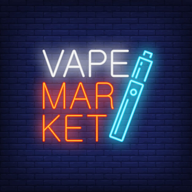 Free Vector vape market neon sign. bright blue cigarette on dark brick wall. 