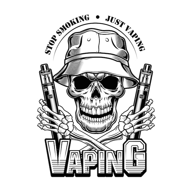 Free Vector vaping skull in panama vector illustration. trendy character in hat with electronic cigarettes, stop smoking text