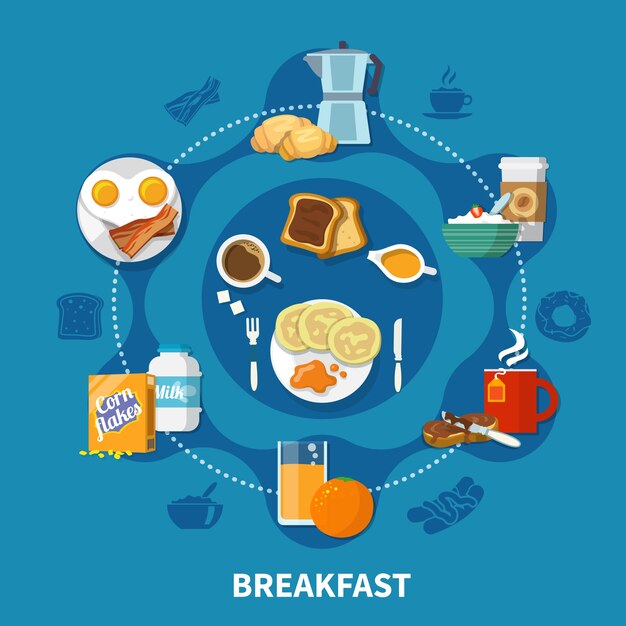 Variants of dishes and drinks for tasty breakfast colorful concept on blue background flat 