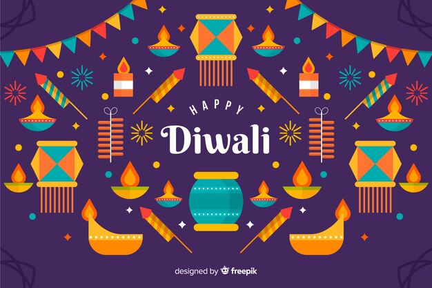 Variety of coloured lights flat diwali background