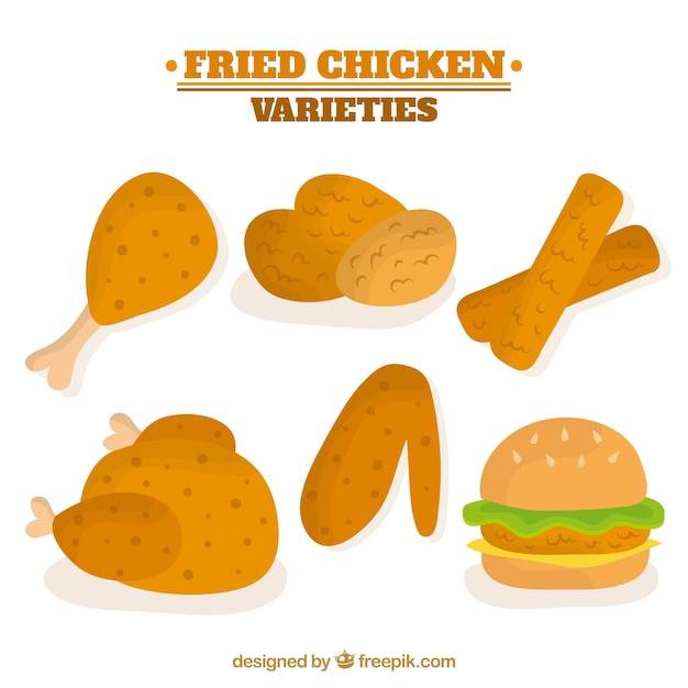 Variety of fried chicken in flat design