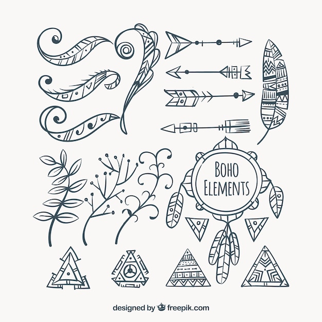 Variety of hand-drawn boho ornaments