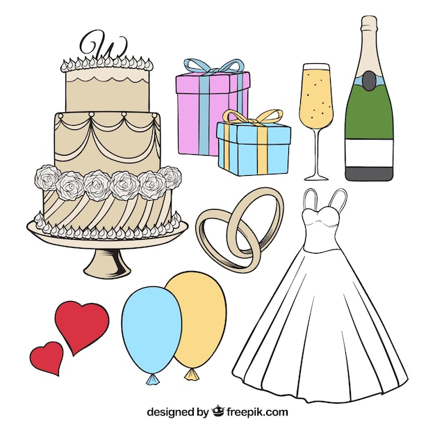 Variety of hand-drawn elements for wedding