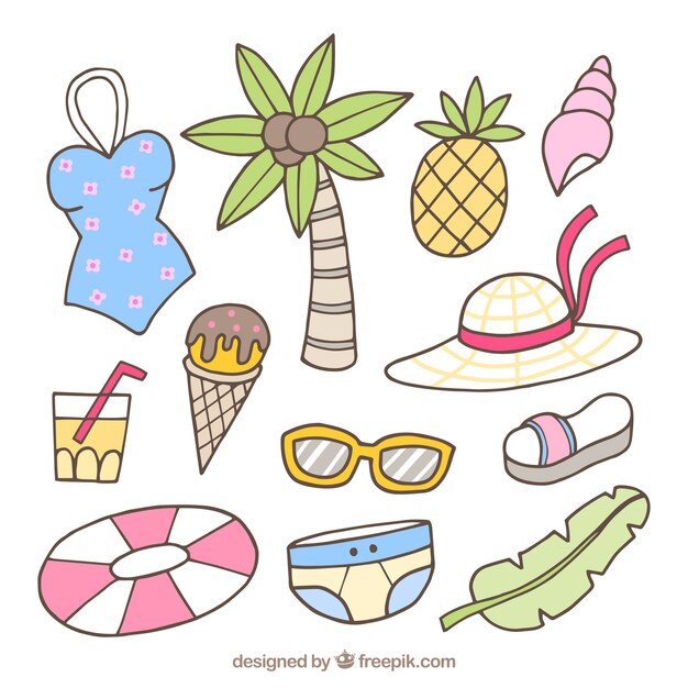 Variety of hand-drawn summer items in pastel colors