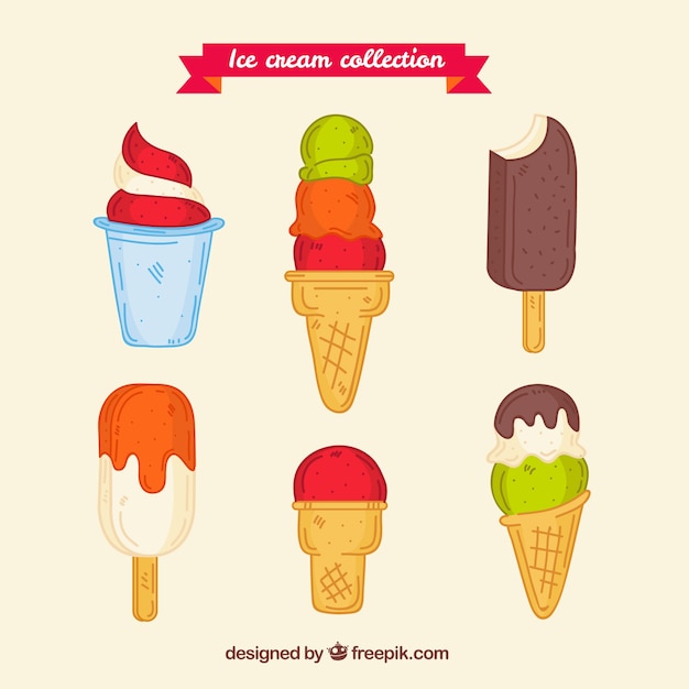 Variety of hand-drawn tasty ice creams