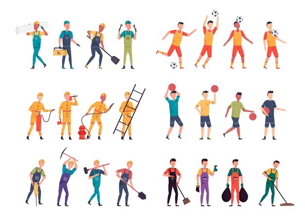 A variety of job bundles for hosting illustration work such as foreman, sportman, firefighter, labor, waiter 