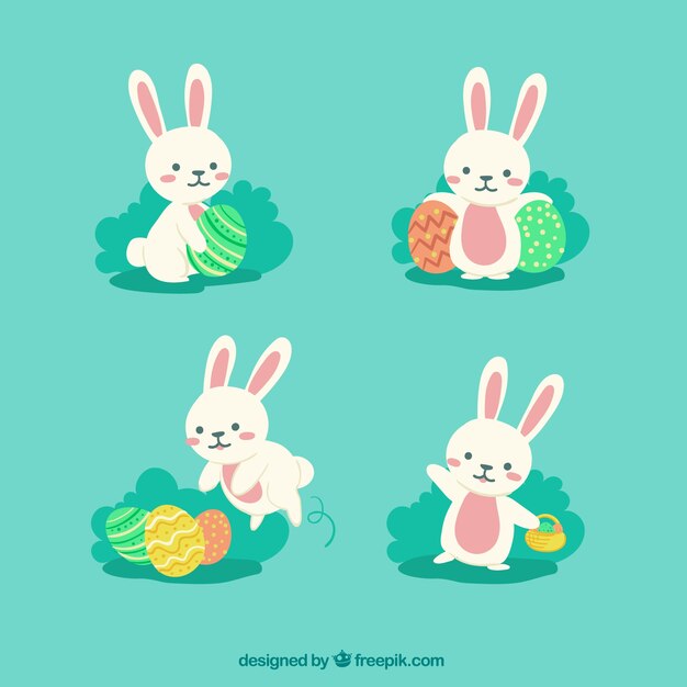 Variety of pretty easter rabbits in flat design