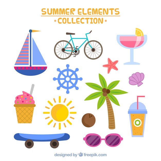 Variety of summer elements in flat design