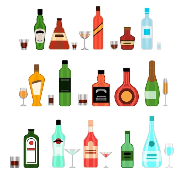 Free Vector various alcohol bottles with glasses cartoon illustration set