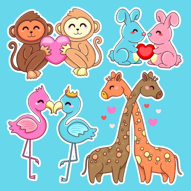 Free Vector various animal couples and hearts