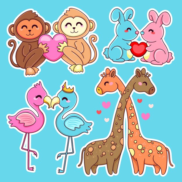 Various animal couples and hearts