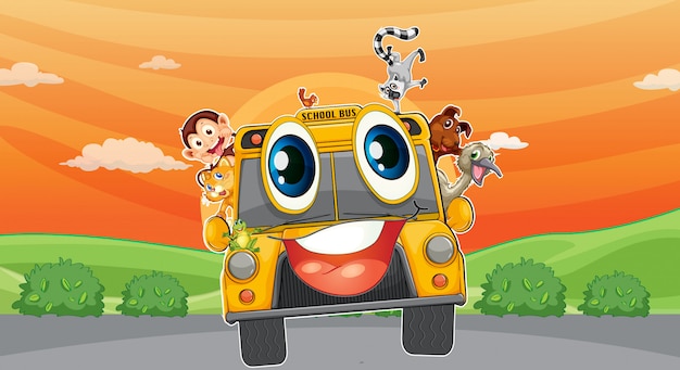 Various animals in school bus