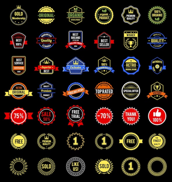 various badges and labels