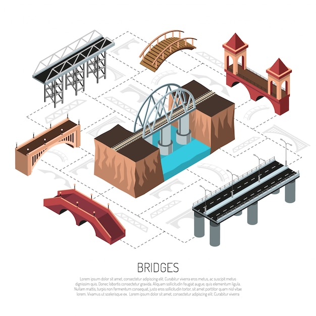 Various bridges isometric flowchart elements with modern steel constructions and ancient wooden stone viaduct spans vector illustration